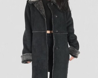 70s Penny Lane Coat Women Fur Trim Afghan Coat Black Bohemian Y2k Boho Coat Genuine Suede Leather Real Shearling Women Coat