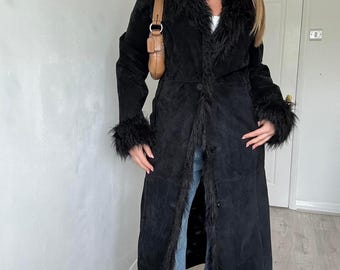 Black Vintage Penny Lane Long Coat | 70s Y2k Bohemian Afghan Shearling Fur Coat | Suede Leather Handmade Coat | Wool Coat |