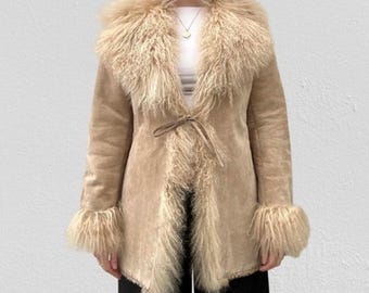Women Penny Lane Coat Bohemian Winter Boho Coat Suede Leather Mongolian Fur Western Coat 70s Vintage Afghan Suede Coat