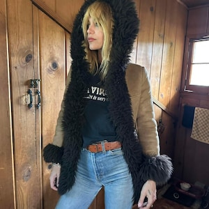 Vintage 70s Penny Lane Coat  Boho Hippie Hooded Fur Trim Coat Tan Suede Leather Winter Coat Mongolian Lamb Fur Afghan Coat