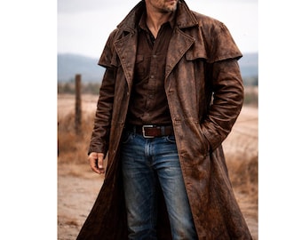 May include: A long, distressed brown leather duster coat with a wide collar and button-front closure, worn over a dark brown button-down shirt, blue denim jeans with a brown leather belt, and a brown wide-brimmed hat.