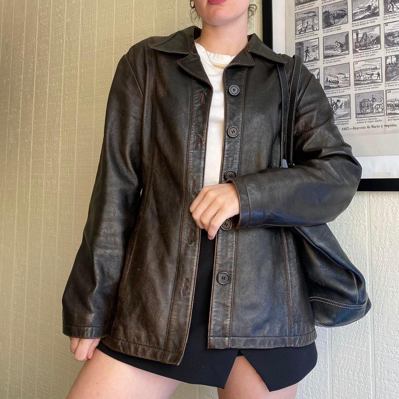 Vintage Y2K Brown Leather Jacket 90s Grunge Distress Leather Coat