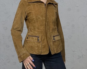 Vintage Tan Brown Suede Leather Jacket – Women Classic Suede Blazer Jacket