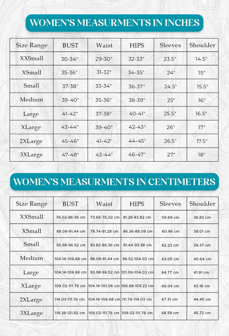 Peut inclure: Un tableau montrant les mesures de v&ecirc;tements pour femmes en pouces et en centim&egrave;tres. Le tableau comprend la taille, le tour de poitrine, le tour de taille, le tour de hanches, la longueur des manches et la largeur des &eacute;paules.