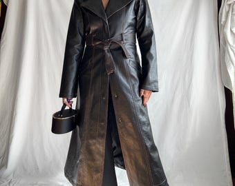 Women's Leather Coat Black 70's Vintage Double Breasted Trench