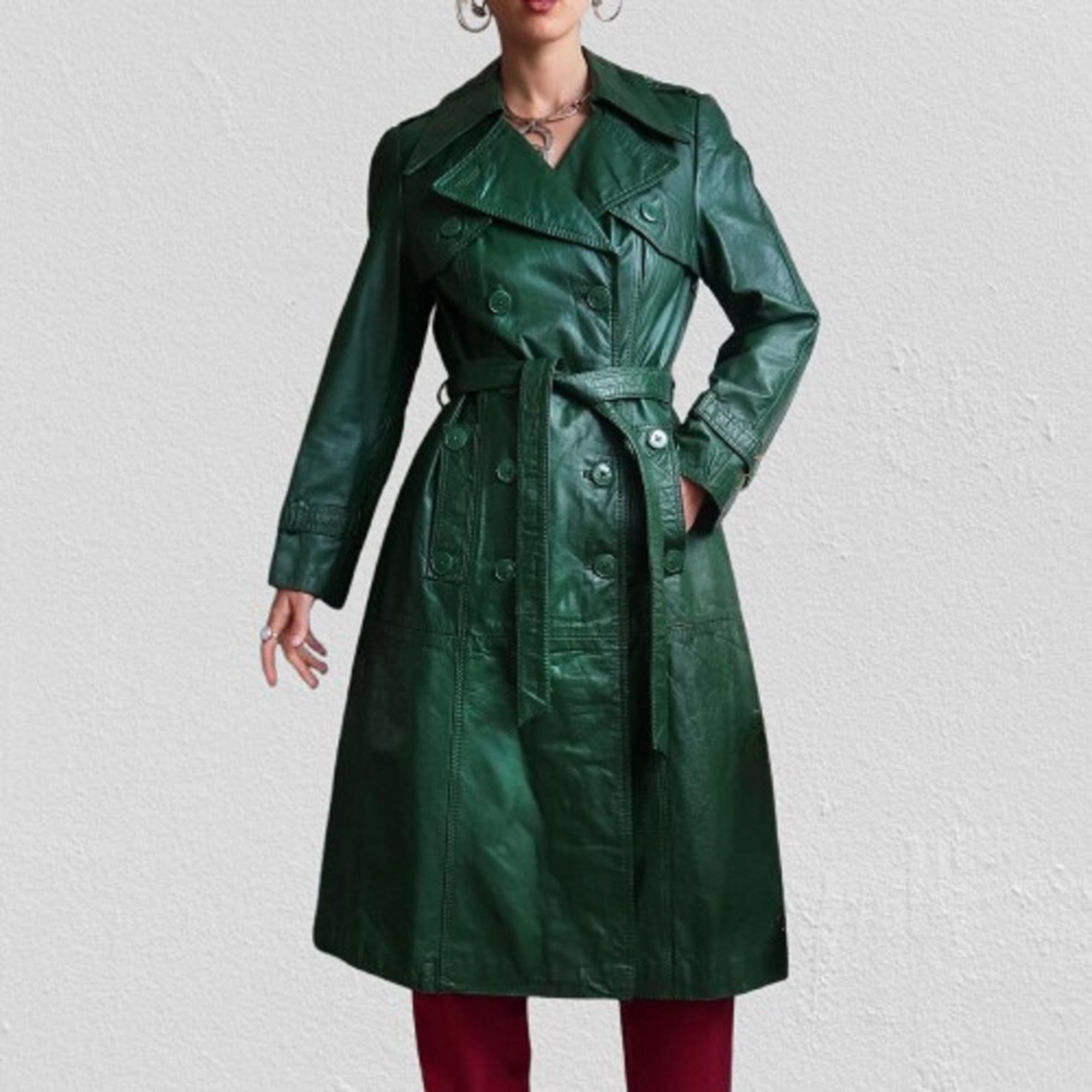 Women Green 70's Leather Coat Double Breasted Long Leather Coat