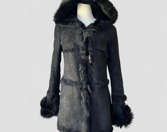 Vintage Penny Lane Long Coat Shearling Fur Coat 70s Style Hoodie Boho Coat Women Fur Trim Coat