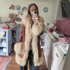 Women Black Penny Lane Coat 70s Vintage Y2k Afghan Shearling Coat