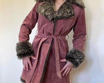 Women Penny Lane Afghan Coat | Shearling Fur Coat | Winter Coat | Genuine Purple Suede Leather Boho Coat  | Wool Coat | Toscana Fur Coat
