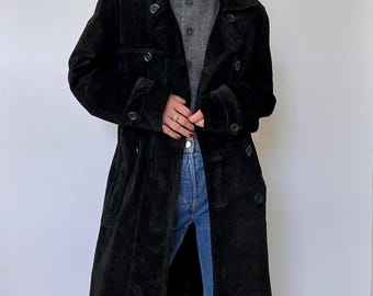 Vrouwen zwarte suède lange jas double-breasted trenchcoat jaren 1970 vintage Y2k lange boho jas uitloper jas vrouwen suède jas