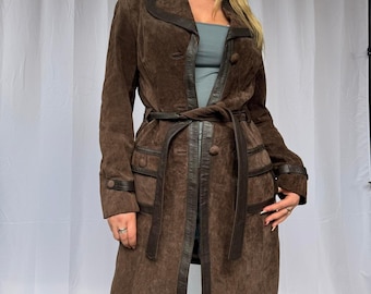 Vintage 70s Brown Suede Coat | Women Long Leather Coat | Boho Style Military Fall Winter Outerwear Trench Coat | Suede Leather Winter Coat