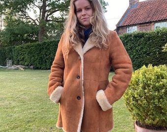 Vintage Brown Penny Lane Coat | Shearling Afghan Coat | Women Boho Style Mid Length Outwear Winter Coat | Suede Leather Faux Fur Coat Women