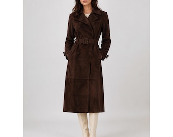 Dames lange bruine leren trenchcoat uit de jaren 70, vintage chocoladebruine leren overjas met riem, winterjas