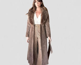 Penny Lane Coat Women's Long Winter Afghan Coat 70's Vintage Trench Coat Suede Leather Faux Fur Collar Handmade Suede Coat