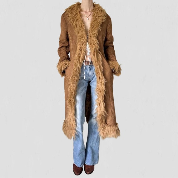 Women Brown Penny Lane Coat 70s Vintage Y2k Bohemian Long Coat Women Faux Fur Trim Afghan Coat Genuine Suede Leather Shearling Coat