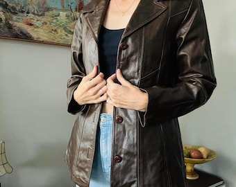 Women's Dark Brown Leather Jacket 70s Vintage Style Blazer Coat Real Leather Retro Fall Outerwear Classic Leather Blazer Coat Jacket