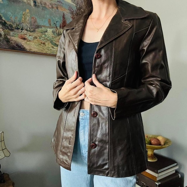 Women&#39;s Dark Brown Leather Jacket 70s Vintage Style Blazer Coat Real Leather Retro Fall Outerwear Classic Leather Blazer Coat Jacket