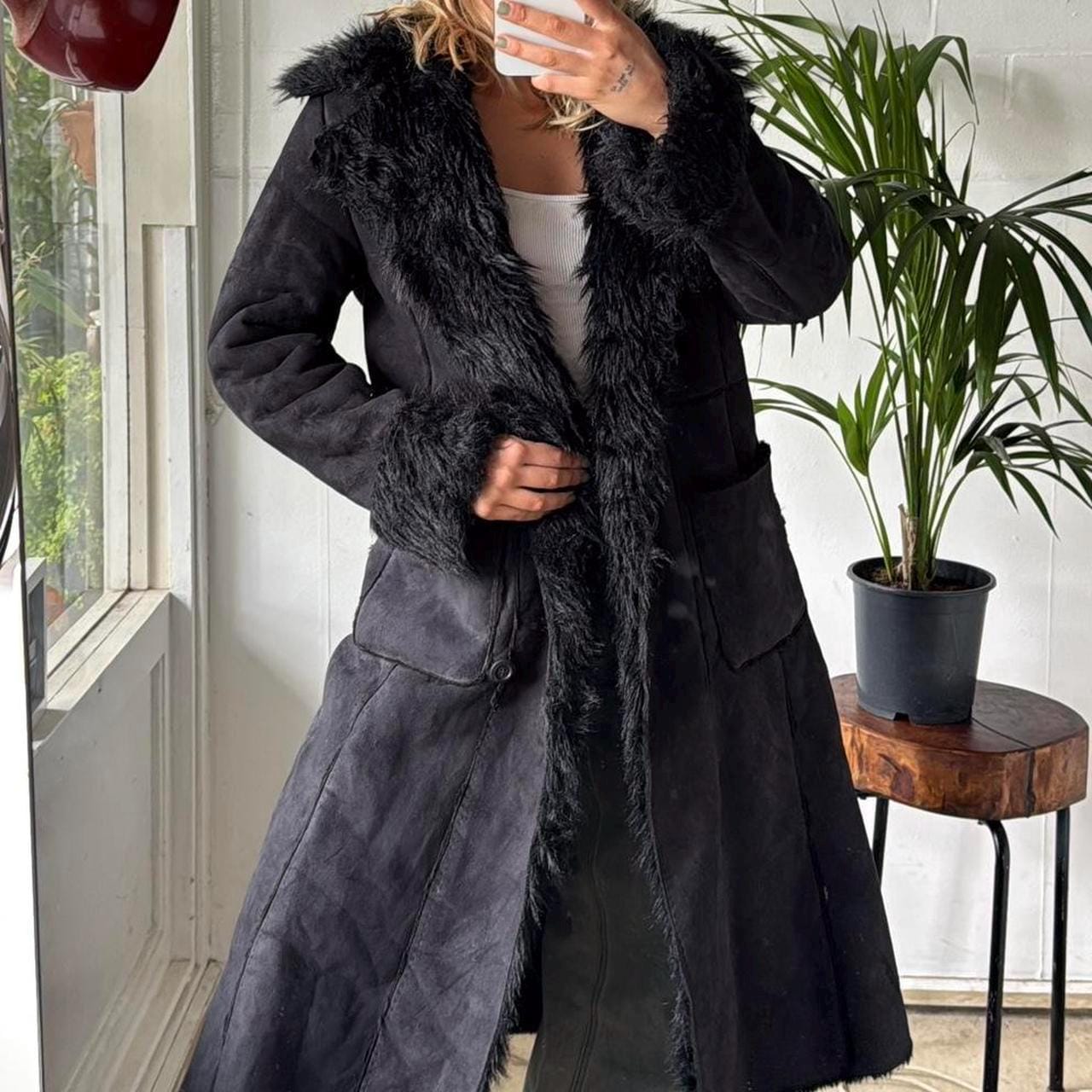 1970s Black Penny Lane Long Coat | Shearling Coat | Women Fur Trim