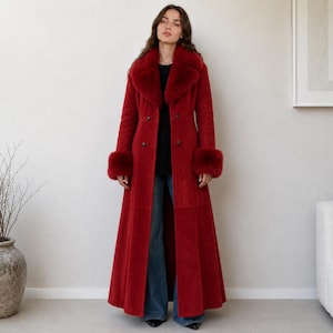 Luxury Red Suede Leather Full Length Coat Women Coat Fur Collar and Cuff Boho Style Outwear Coat