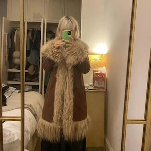 Abrigo Penny Lane para mujer, abrigo de piel mongol, abrigo de borrego, abrigo afgano con ribete de piel Toscana, abrigo largo de piel vintage marrón, abrigo de cuero boho hippie