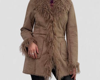 70s Penny Lane Coat Women Afghan Mongolian Fur Coat Bohemian Sheepskin Coat Real Suede Leather Handmade Winter Coat