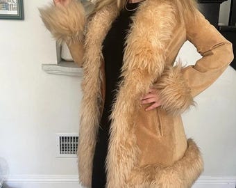Płaszcz Penny Lane z lat 70. w stylu vintage | Damski brązowy płaszcz z owczej skóry | Futro zamszowe | Długi płaszcz damski w stylu boho Y2k