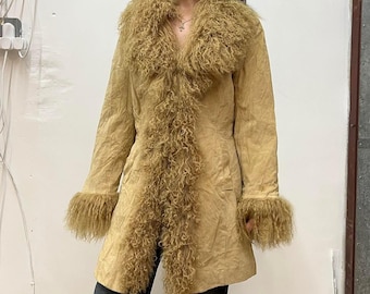 Abrigo largo de piel mongola vintage de Penny Lane para mujer, abrigo de piel de oveja afgana, estilo Toscana, abrigo de invierno de los años 70, abrigo de piel de ante, abrigo de lana.