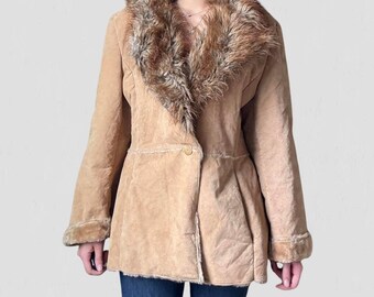 Women's Penny Lane Coat Fur Collar Afghan Coat 70's Vintage Fur Lining Jacket Women Winter Leather Jacket