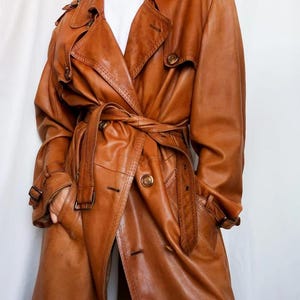 Women&#39;s Leather Long Coat 1970s Vintage Brown Leather Trench Coat Double Breasted Bohe Style Winter Coat Sheepskin Leather Coat