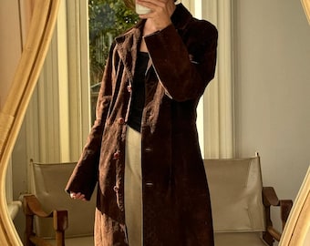 Vintage 70s Burgundy Leather Suede Coat - Long Coat - Women Boho Style Outwear Coat - Trench Coat Women
