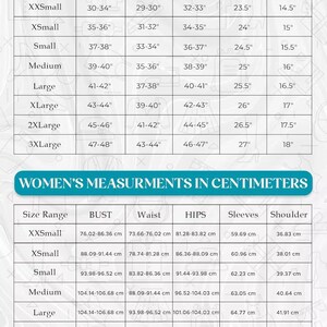 May include: A chart detailing women's measurements in inches and centimeters. The chart includes size ranges from XXSmall to 3XLarge, with bust, waist, hips, sleeve, and shoulder measurements. The top section shows measurements in inches.
