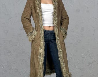 Women Penny Lane Coat Afghan Coat Boho Hippie Shearling Coat Vintage Long Sheepskin Coat 70s Trench Suede Faux Fur Shearing Coat