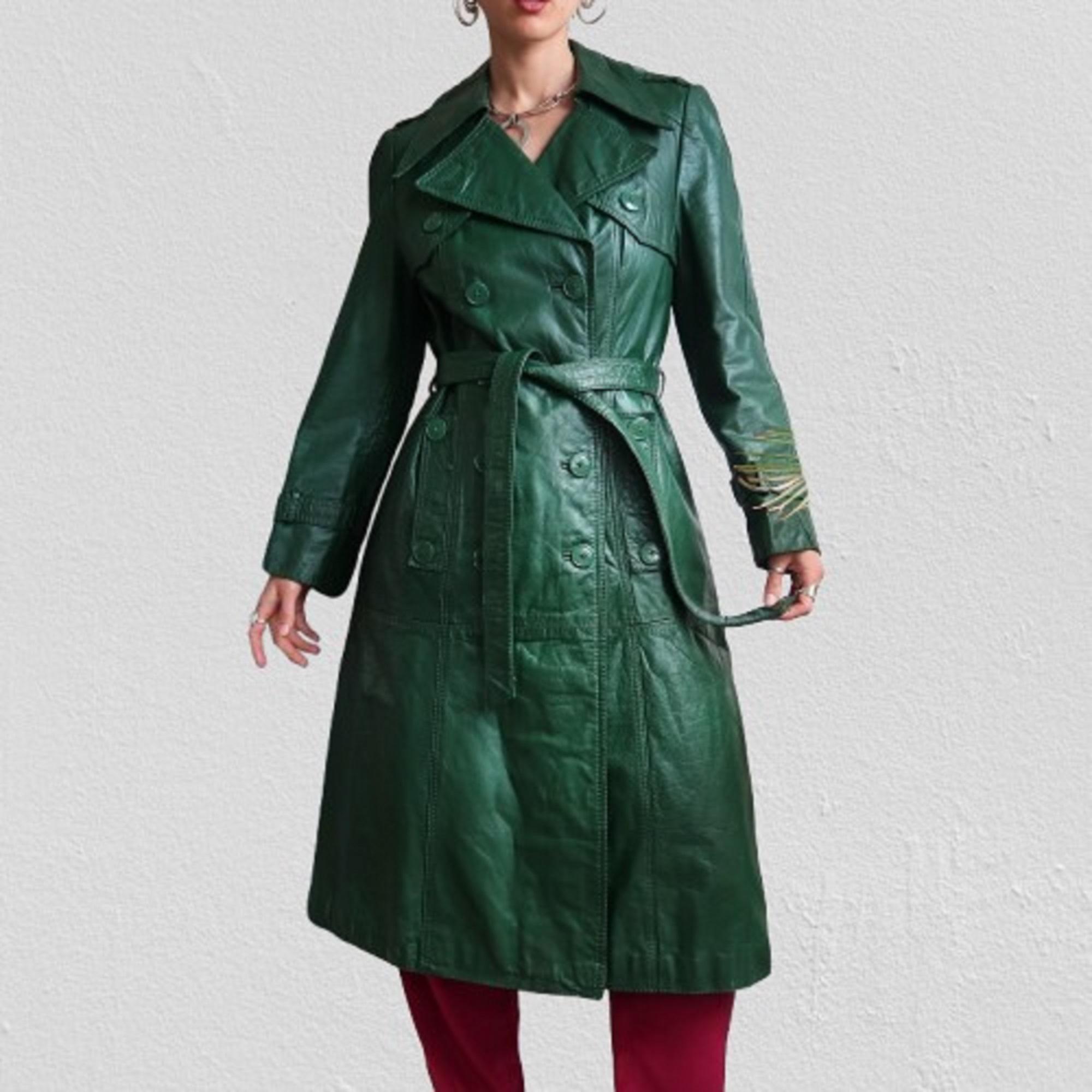 Women Green 70's Leather Coat Double Breasted Long Leather Coat