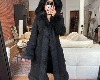 Vintage Penny Lane Coat Hoodie Coat Women Afghan Long Coat 70s Y2k Bohemian Fur Trim Coat Shearling Coat Black Winter Coat Women
