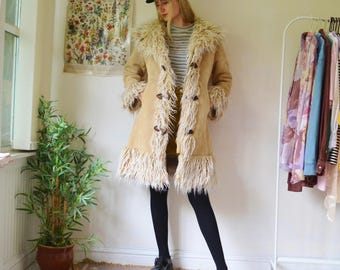 70's Vintage Women Penny Lane Coat Afghan Trench Wool Coat, Boho Hippie Suede Leather Mongolian Coat Women Fur Coat