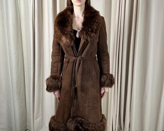 Women Penny Lane Brown Coat - Shearling Fur Afghan Coat  Long Coat - Women Y2k Bohemian Fur Collar Belted Winter Coat Women
