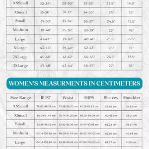 May include: A chart detailing women's measurements in inches and centimeters. Includes bust, waist, hips, sleeve, and shoulder measurements for sizes XXSmall to 3XLarge. The chart is designed to help customers find the right fit.