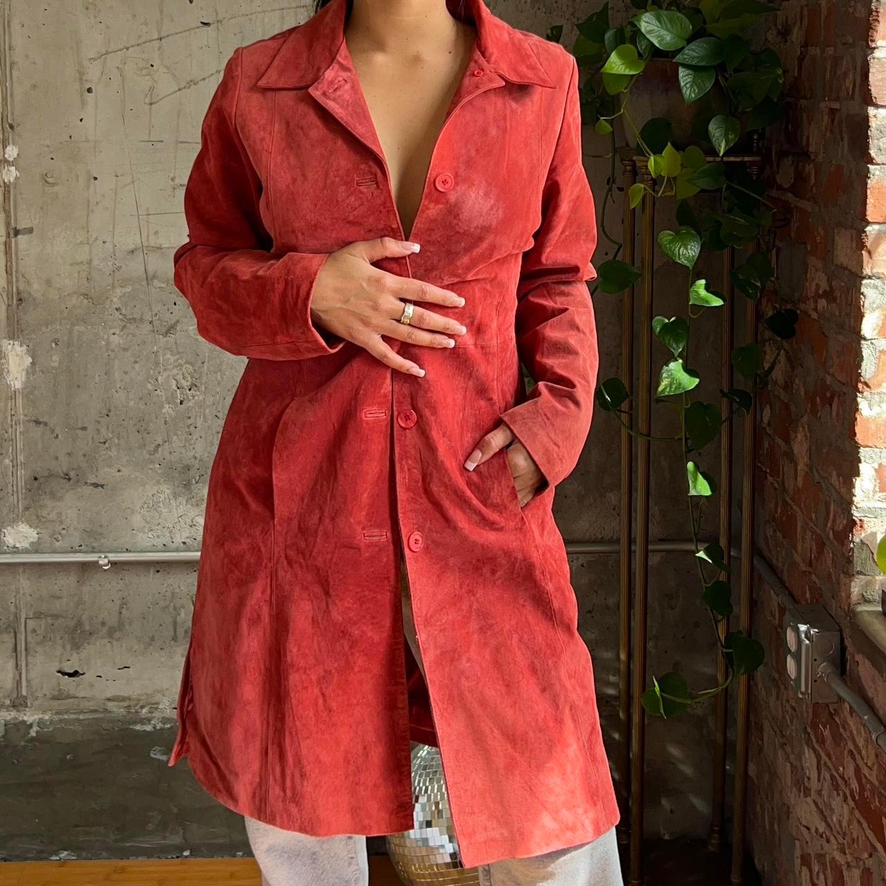 Women's Red Suede Leather Trench Coat Vintage 90's Long Fall