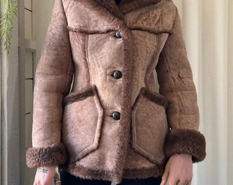 Vintage Penny Lane Coat | Women Shearling Brown Afghan Coat | 70s Boho Trim Faux Fur Coat | Genuine Suede Leather Winter Coat