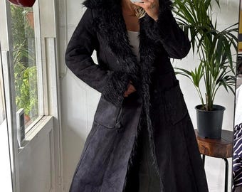 1970s Black Penny Lane Long Coat | Shearling Coat | Women Fur Trim Afghan Coat | Women Bohemian Boho Hippie Winter Coat Suede Fur Coat
