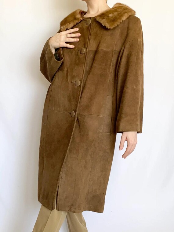 Women's 70's Suede Leather Long Coat Mink Fur Collar Western Style