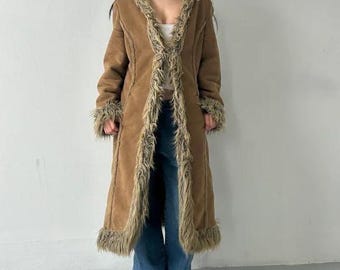 Penny Lane Fur Trim Coat Shearling Fur Long Coat 70s Vintage Women Afghan Coat Wool Coat Suede Fur Coat Wo,