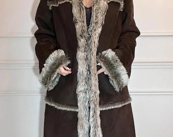 Penny Lane Coat 70s Style Fur Trim Afghan Coat Women Shearling Boho Toscana Y2k Long Coat Suede Leather Fur Coat Women Winter Coat