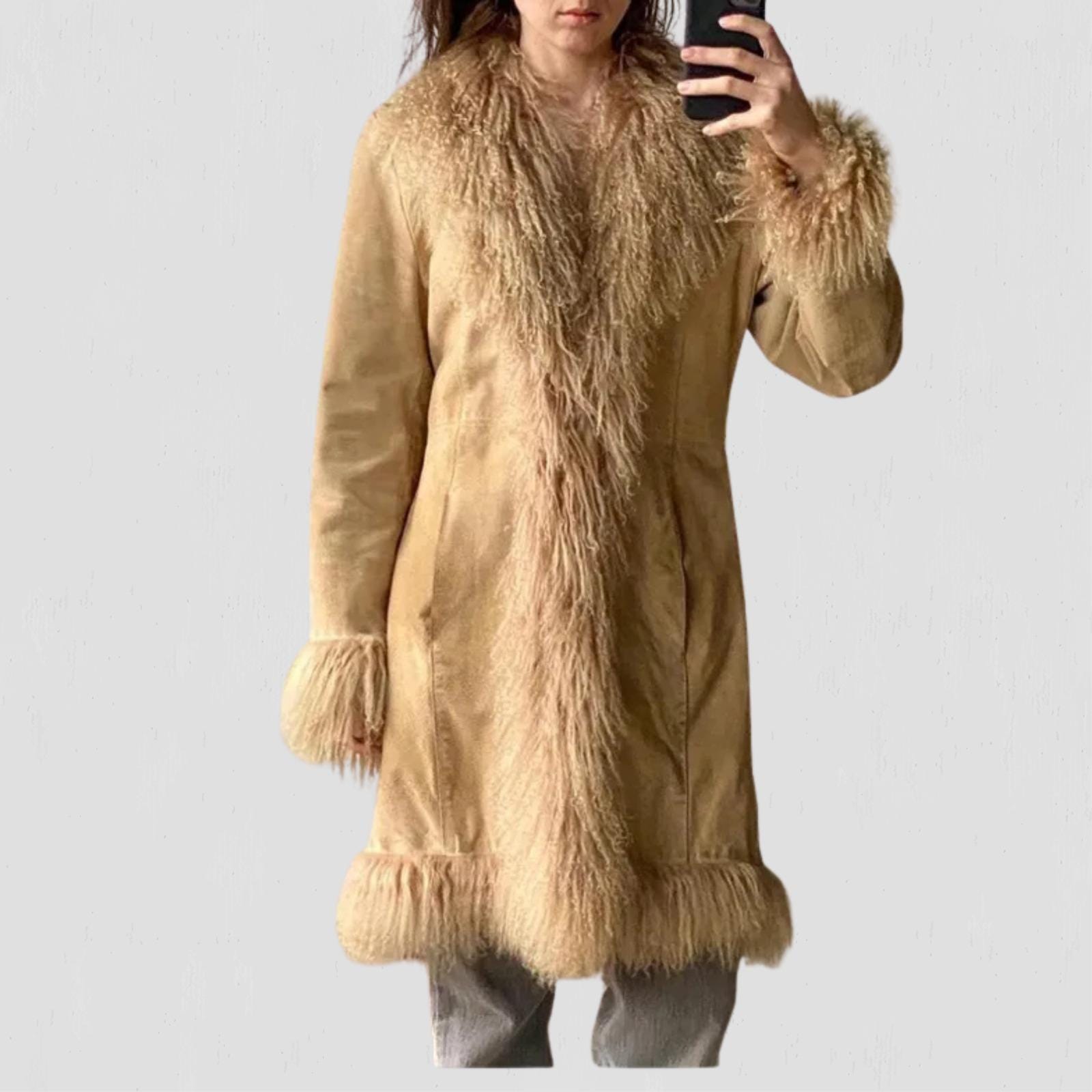 KZ098 【ビンテージ90's】 Lane レーン　モダンアート Vintage 1970s Penny Lane Coat – Boho Hippie Mongolian Fur Trim