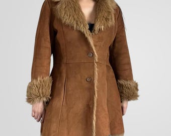 Cappotto da donna Penny Lane marrone, cappotto afgano anni '70, in pelle scamosciata, montone, stile boho, con finiture in pelliccia