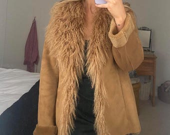 Penny Lane Mantel Vintage Shearling Schaffellmantel - Damen Boho Chic Pelzbesatz Winterjacke