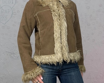 Vintage 70s Penny Lane Shearling Coat – Boho Suede Leather Jacket Fur Trim