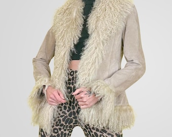 Abrigo Penny Lane de los años 70 para mujer, de piel de oveja afgana y piel de oveja mongola, de longitud media.
