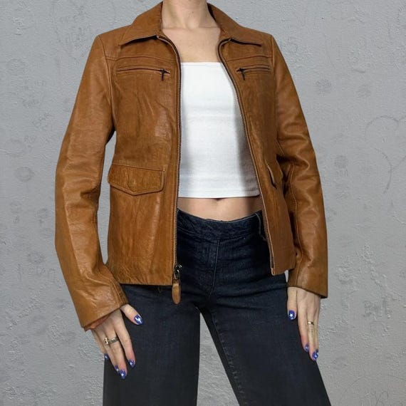 Vintage 1970s Tan Brown Leather Jacket – Women Classic Leather Jacket Soft Leather Moto Jacket