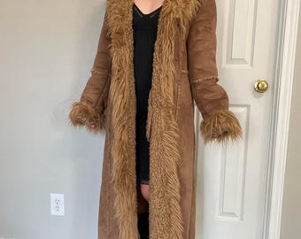 Women Penny Lane Coat Vintage Afghan Coat 70s-Inspired Shearling Coat – Long Brown Bohemian Fur Trim Sheepskin Coat